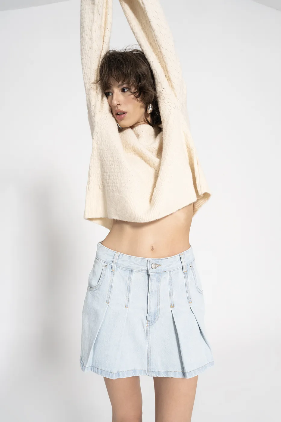 Bayan Mavi Pileli Denim Mini Etek