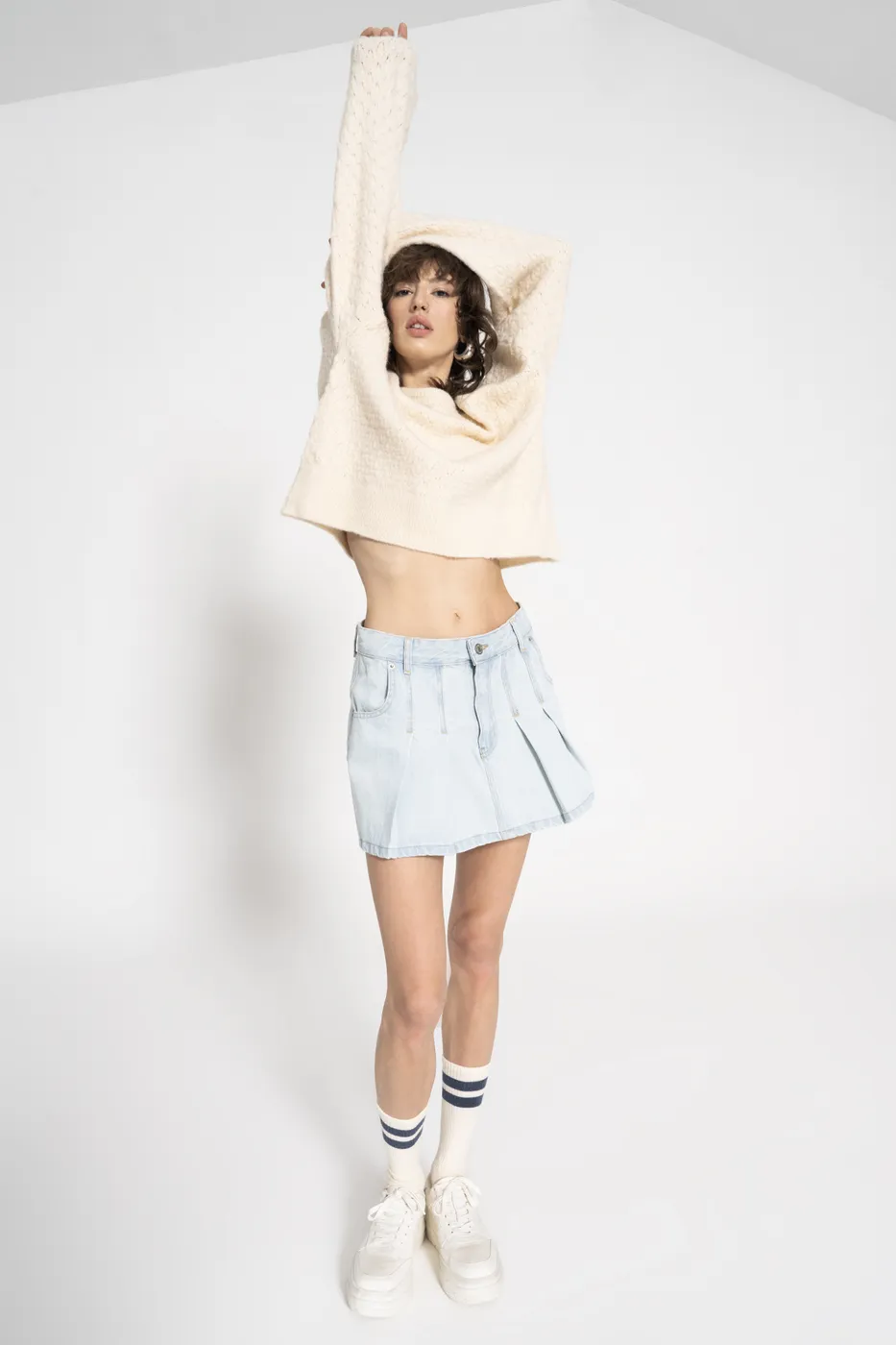 Bayan Mavi Pileli Denim Mini Etek