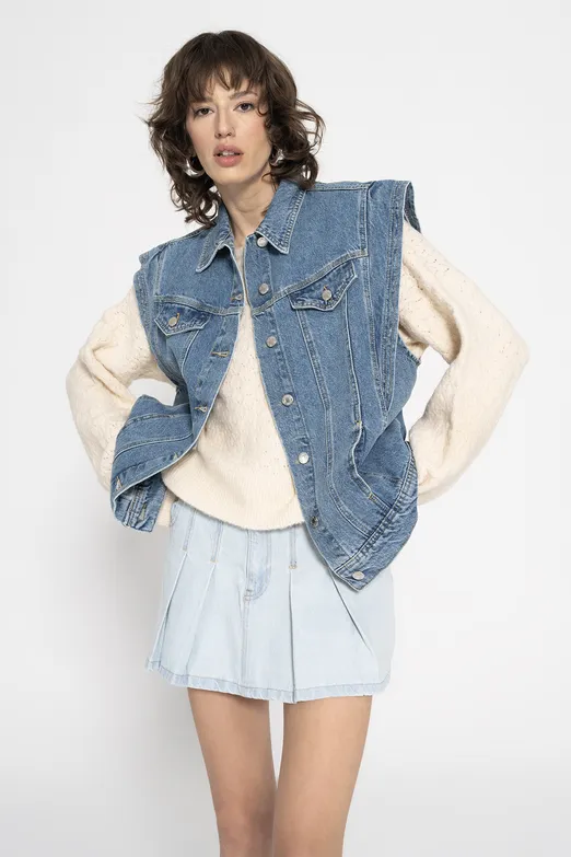 Bayan Mavi Pileli Denim Mini Etek - BSL