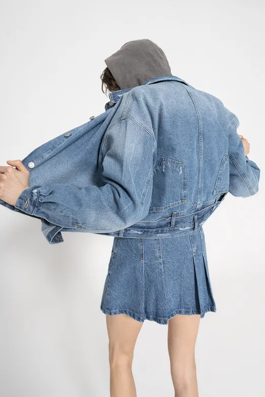 Bayan Mavi Yıpratmalı Denim Mont - BSL