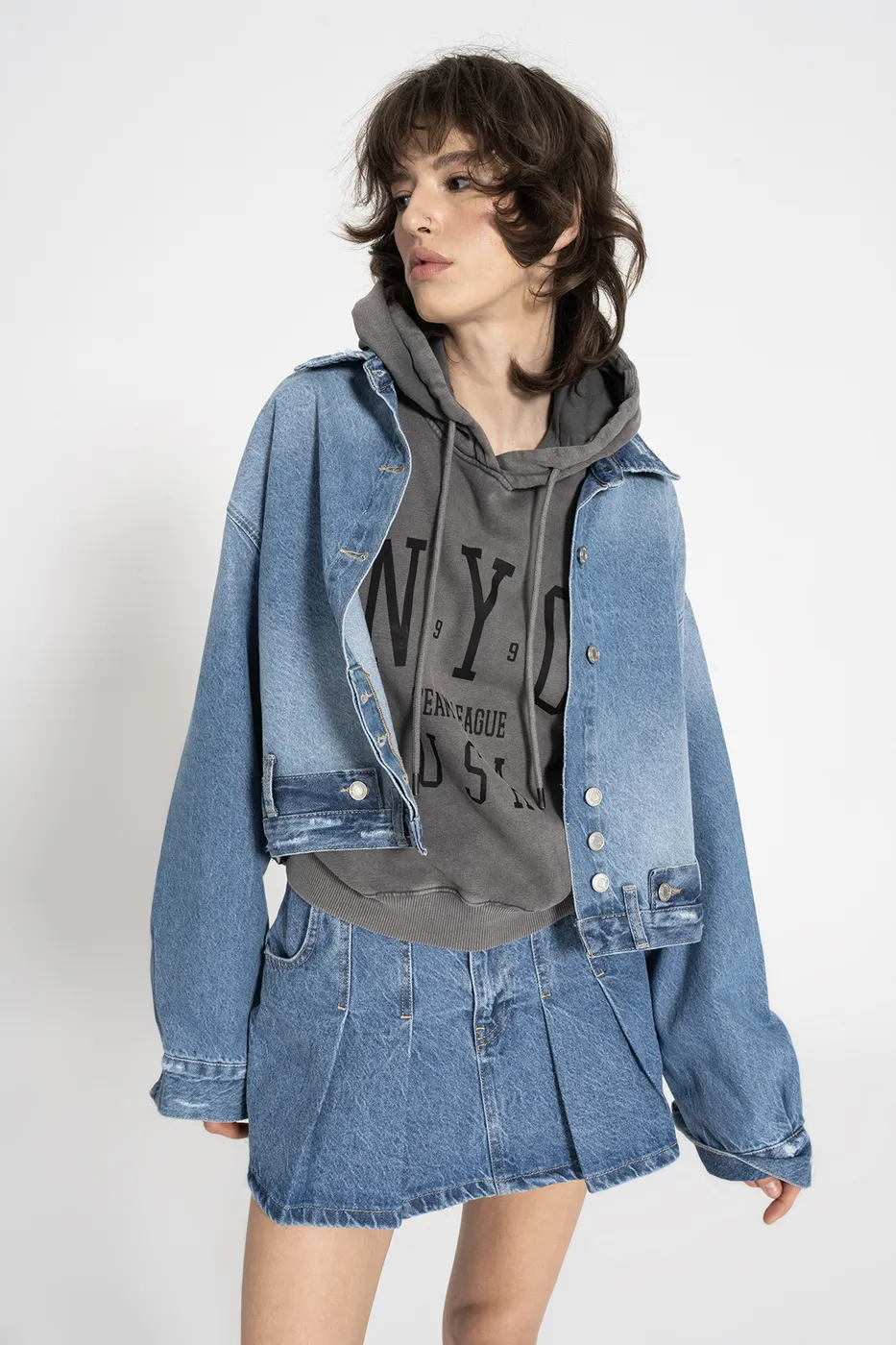 Bayan Mavi Yıpratmalı Denim Mont