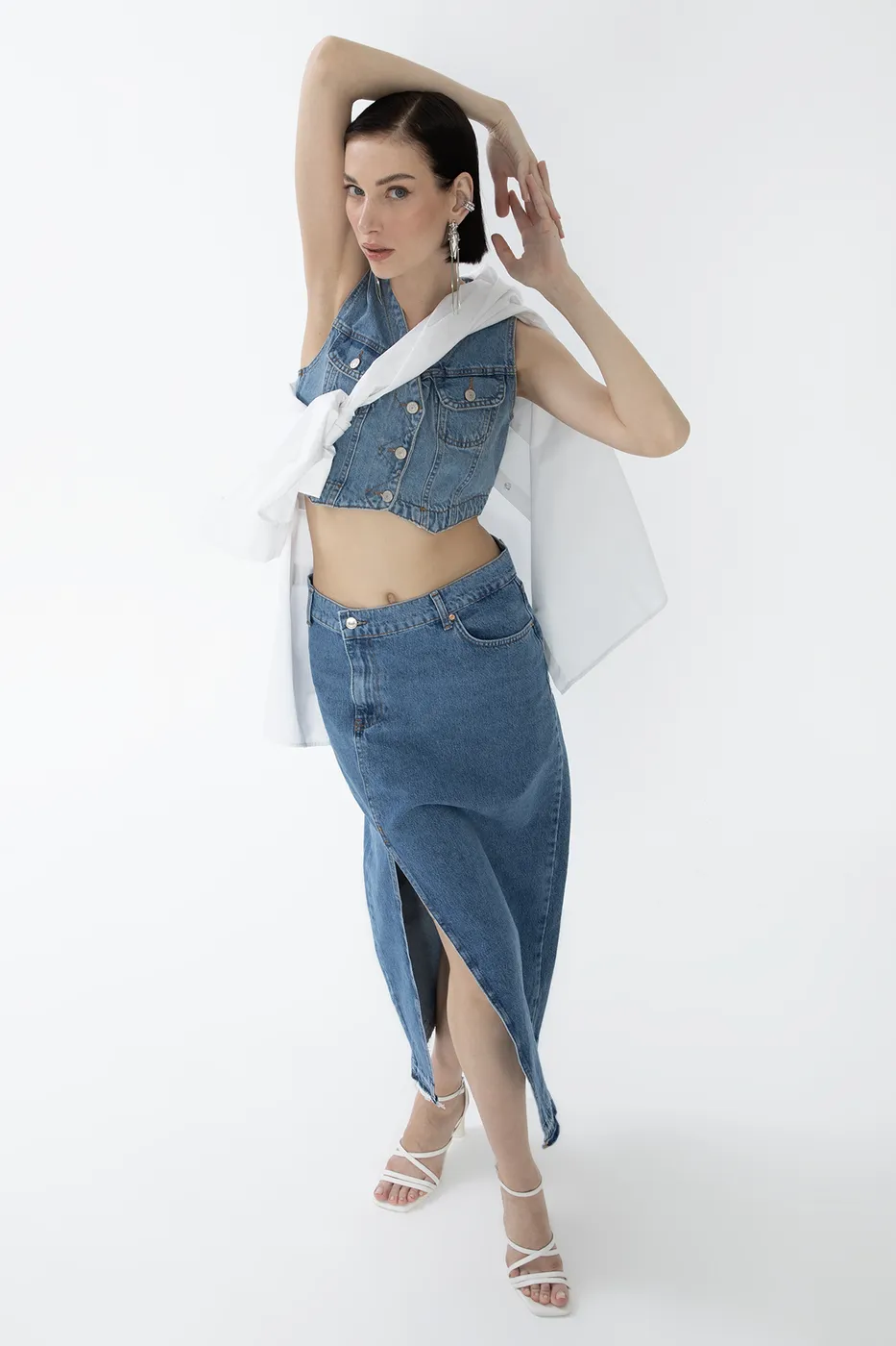 Bayan Mavi Yırtmaçlı Denim Etek