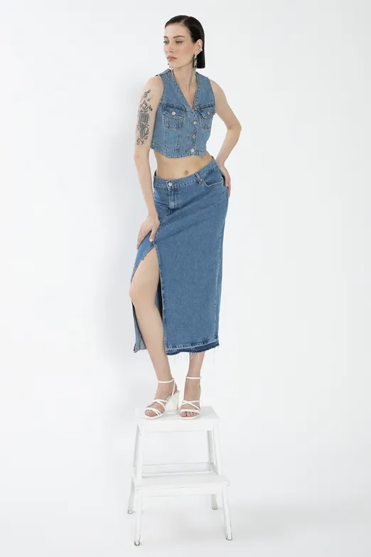 Bayan Mavi Yırtmaçlı Denim Etek - BSL