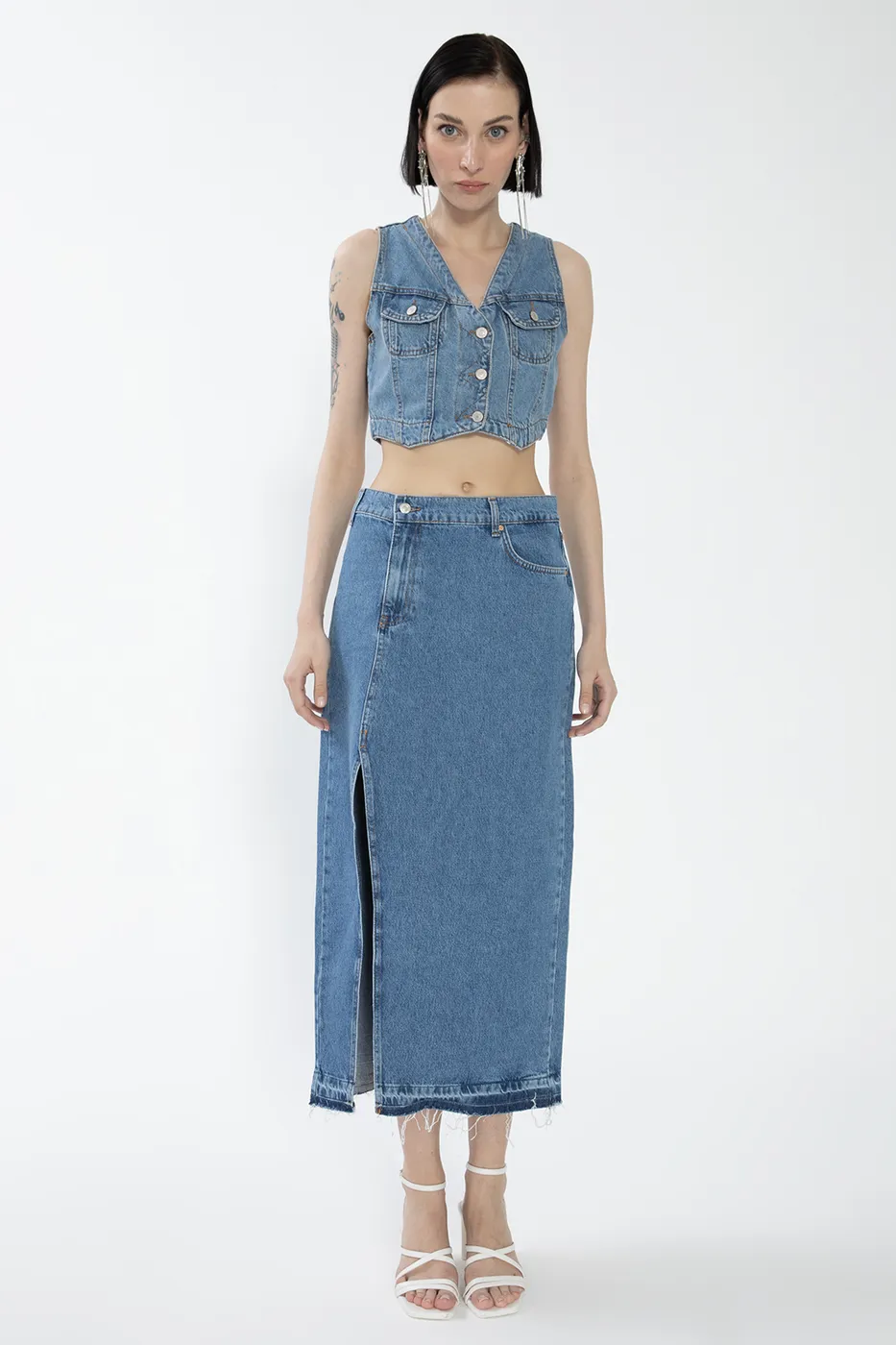 Bayan Mavi Yırtmaçlı Denim Etek