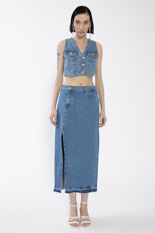 Bayan  Yırtmaçlı Denim Etek