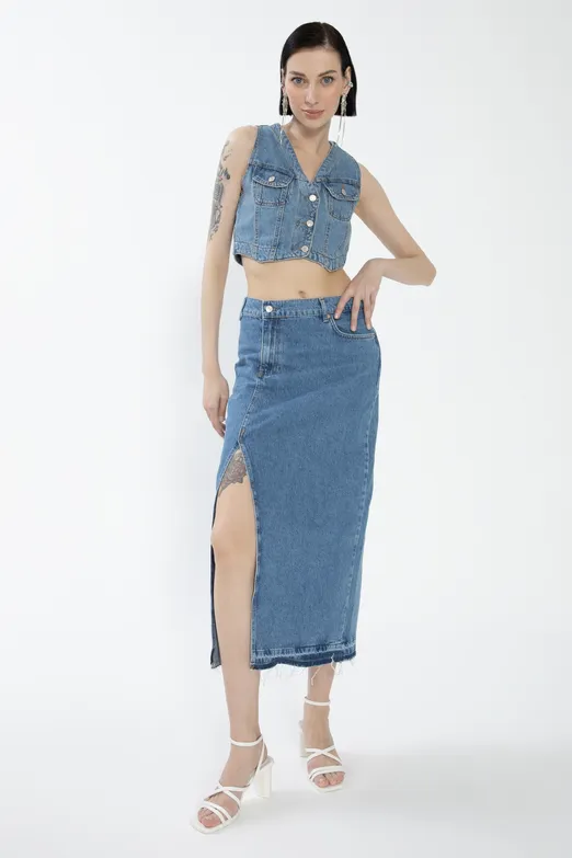 Bayan Mavi Yırtmaçlı Denim Etek - BSL