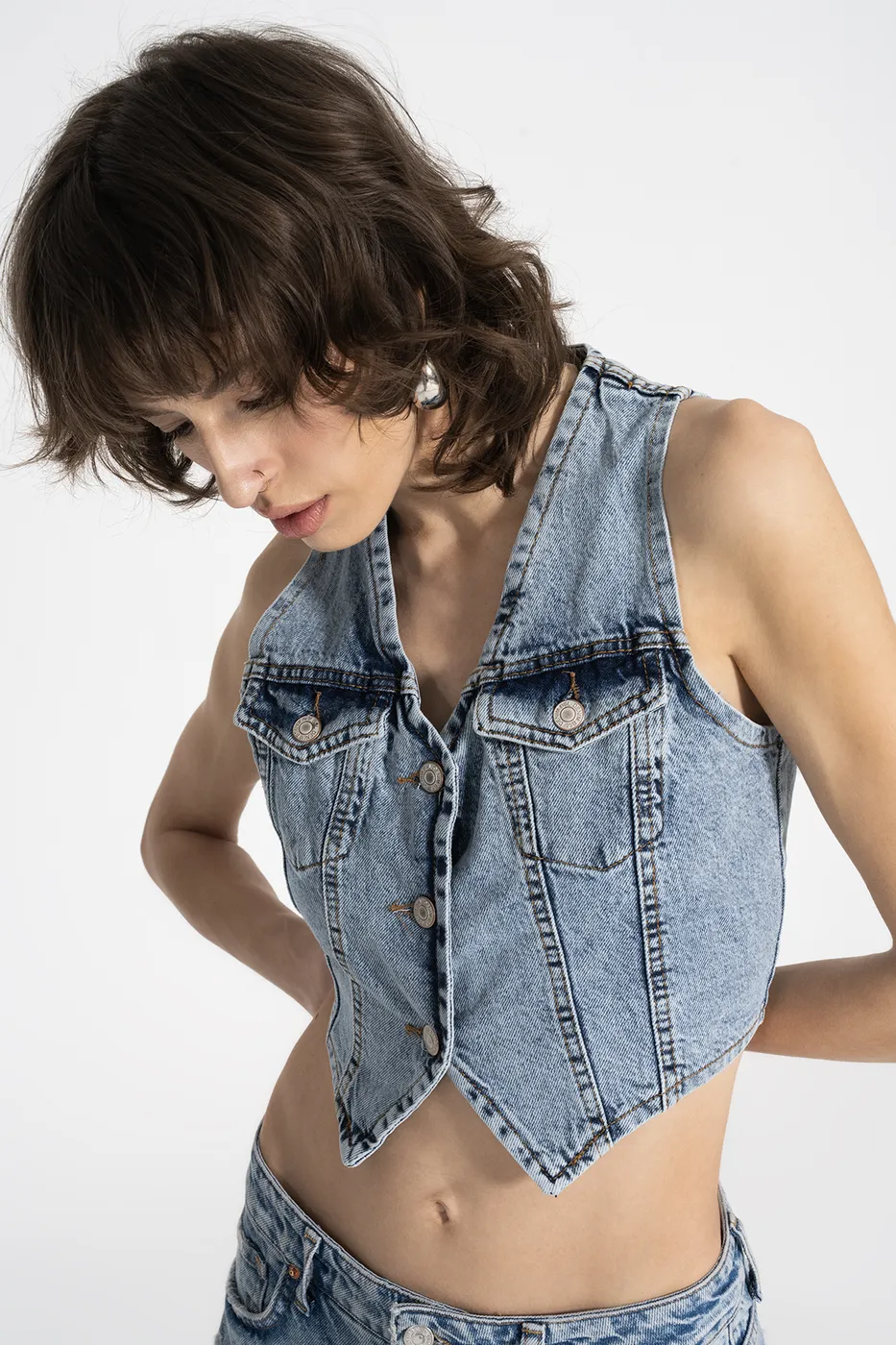 Bayan Mavi Denim Crop Yelek