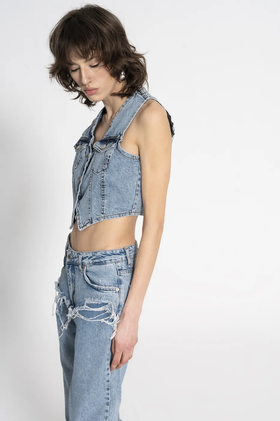 Bayan Mavi Denim Crop Yelek