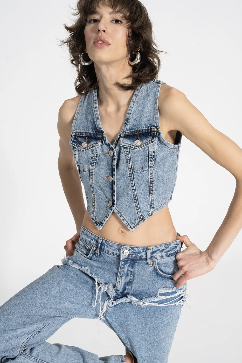 Bayan Mavi Denim Crop Yelek