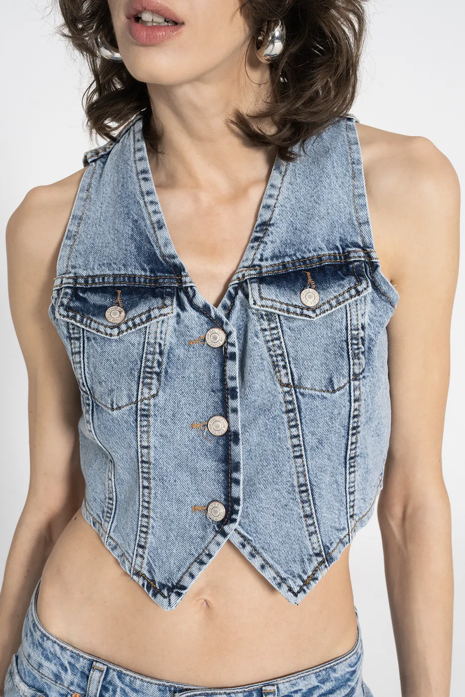 Bayan Mavi Denim Crop Yelek