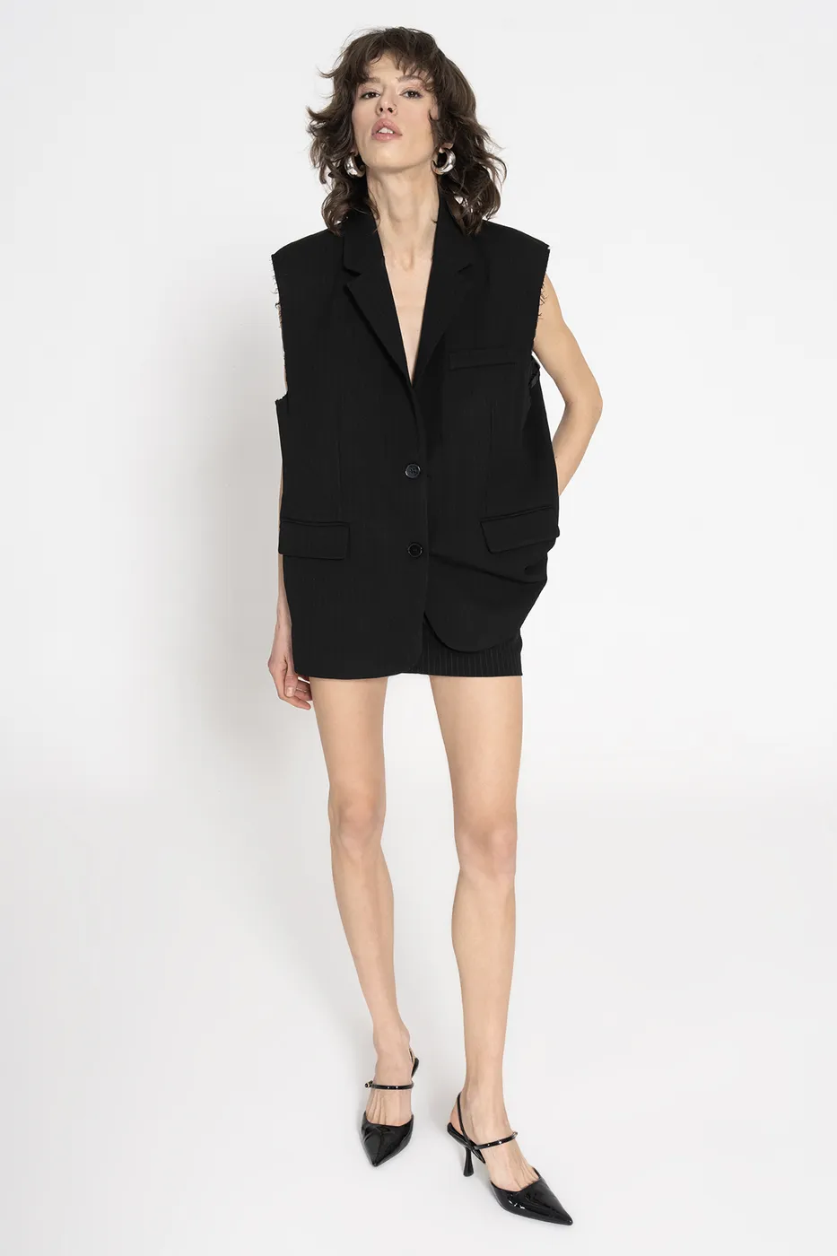 Bayan Siyah Oversize İnce Çizgili Yelek