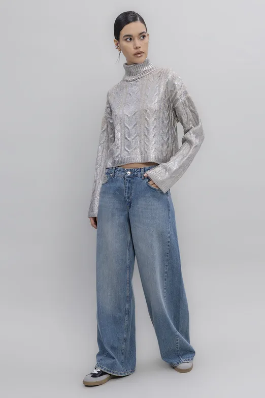 Bayan Mavi Düşük Bel Bol Paça Denim Pantolon - BSL