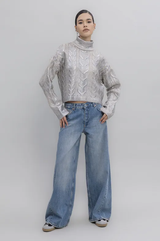 Bayan Mavi Düşük Bel Bol Paça Denim Pantolon - BSL