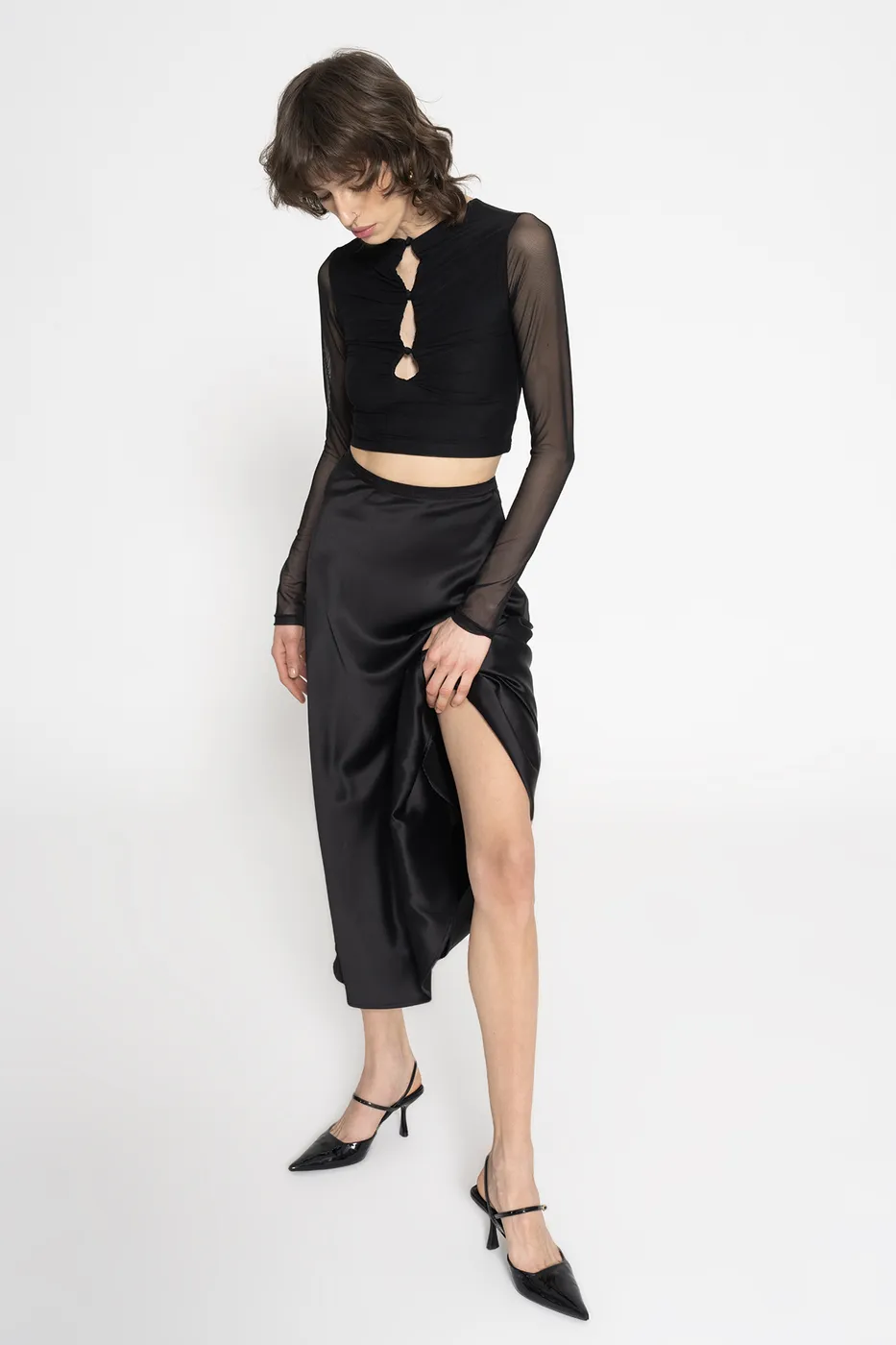 Bayan Siyah Saten Midi Etek