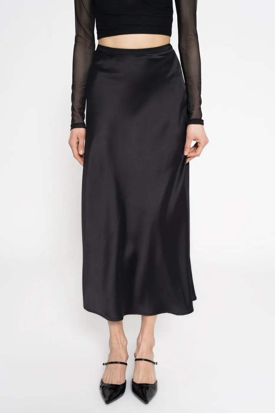 Bayan Siyah Saten Midi Etek