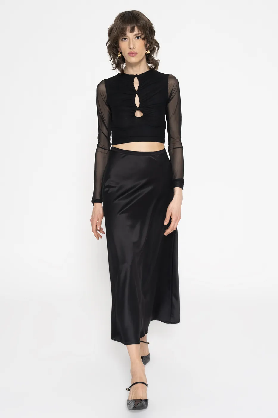 Bayan Siyah Saten Midi Etek
