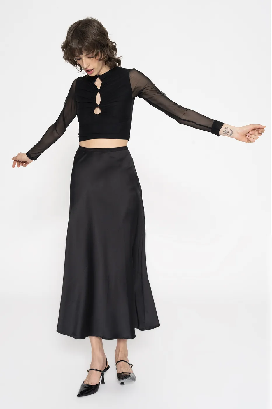 Bayan Siyah Saten Midi Etek