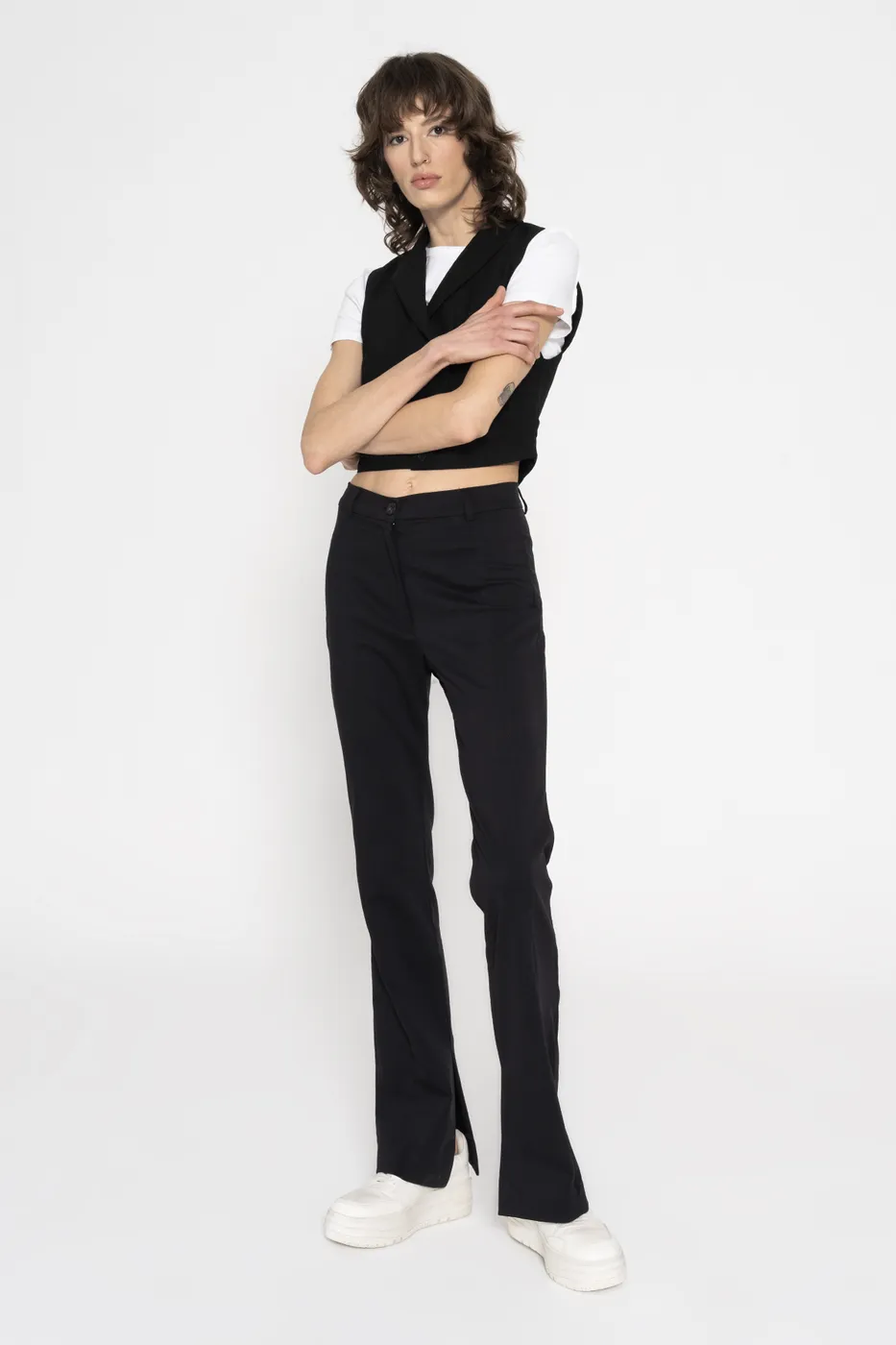 Bayan Siyah İç Paça Yırtmaçlı Yüksek Bel Pantolon