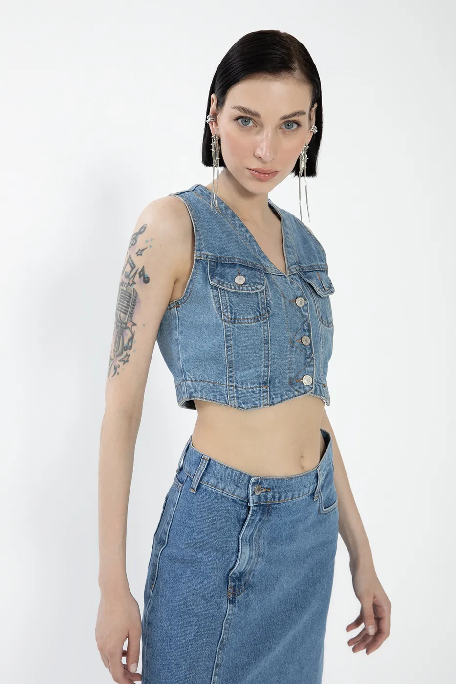 Bayan Mavi Crop Fit Denim Yelek