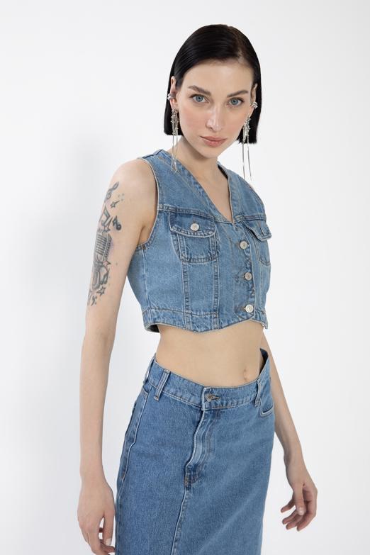 Bayan  Crop Fit Denim Yelek