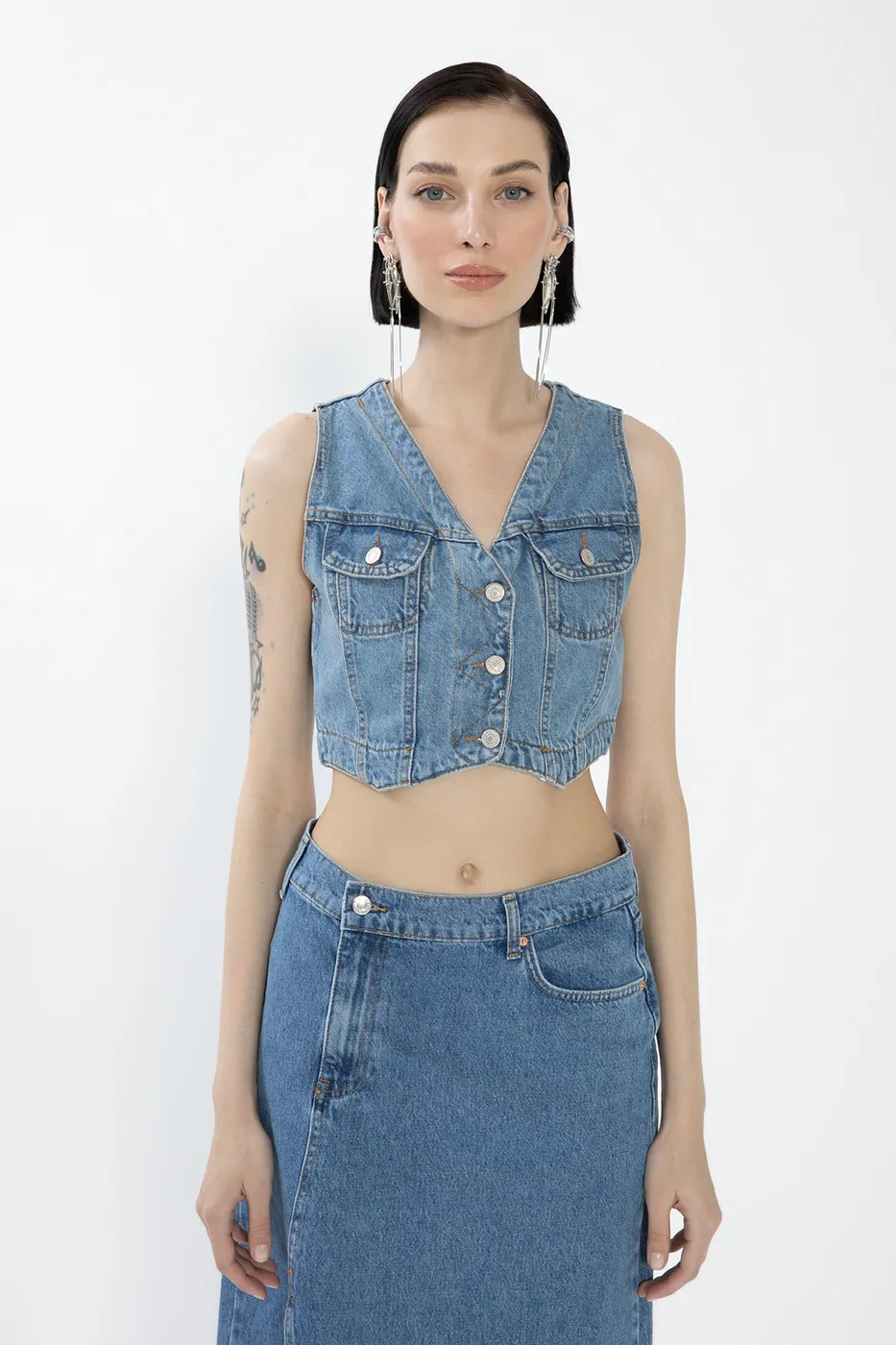 Bayan Mavi Crop Fit Denim Yelek