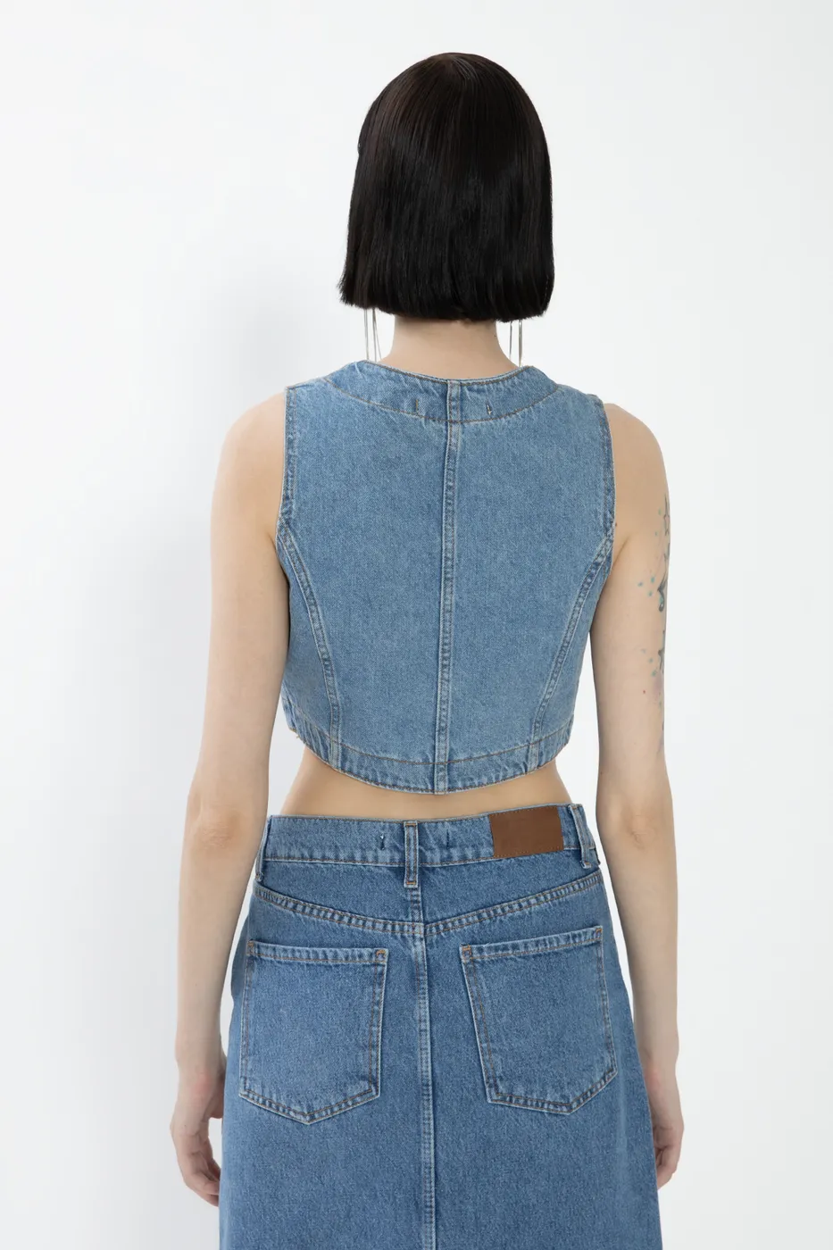 Bayan Mavi Crop Fit Denim Yelek
