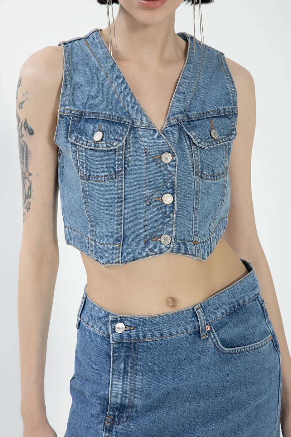 Bayan Mavi Crop Fit Denim Yelek