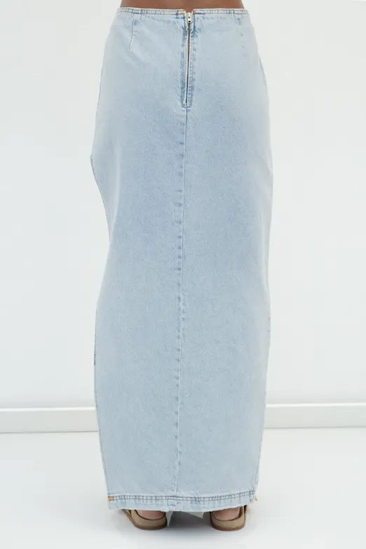 Bayan Mavi Düşük Bel Maksi Derin Yırtmaçlı Denim Etek - BSL