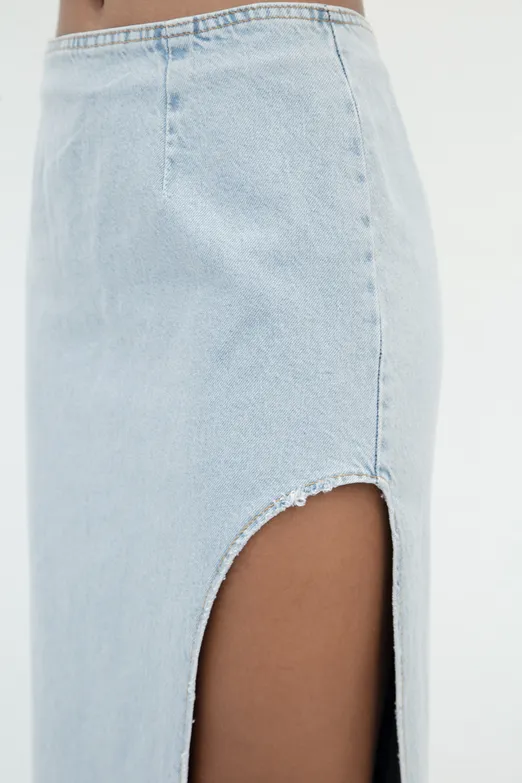 Bayan Mavi Düşük Bel Maksi Derin Yırtmaçlı Denim Etek - BSL