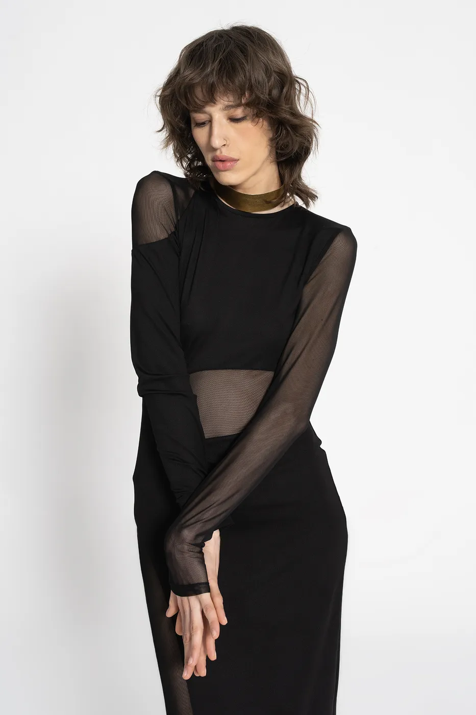 Bayan Siyah Transparan Detaylı Maksi Elbise