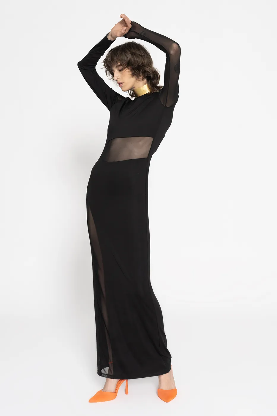 Bayan Siyah Transparan Detaylı Maksi Elbise