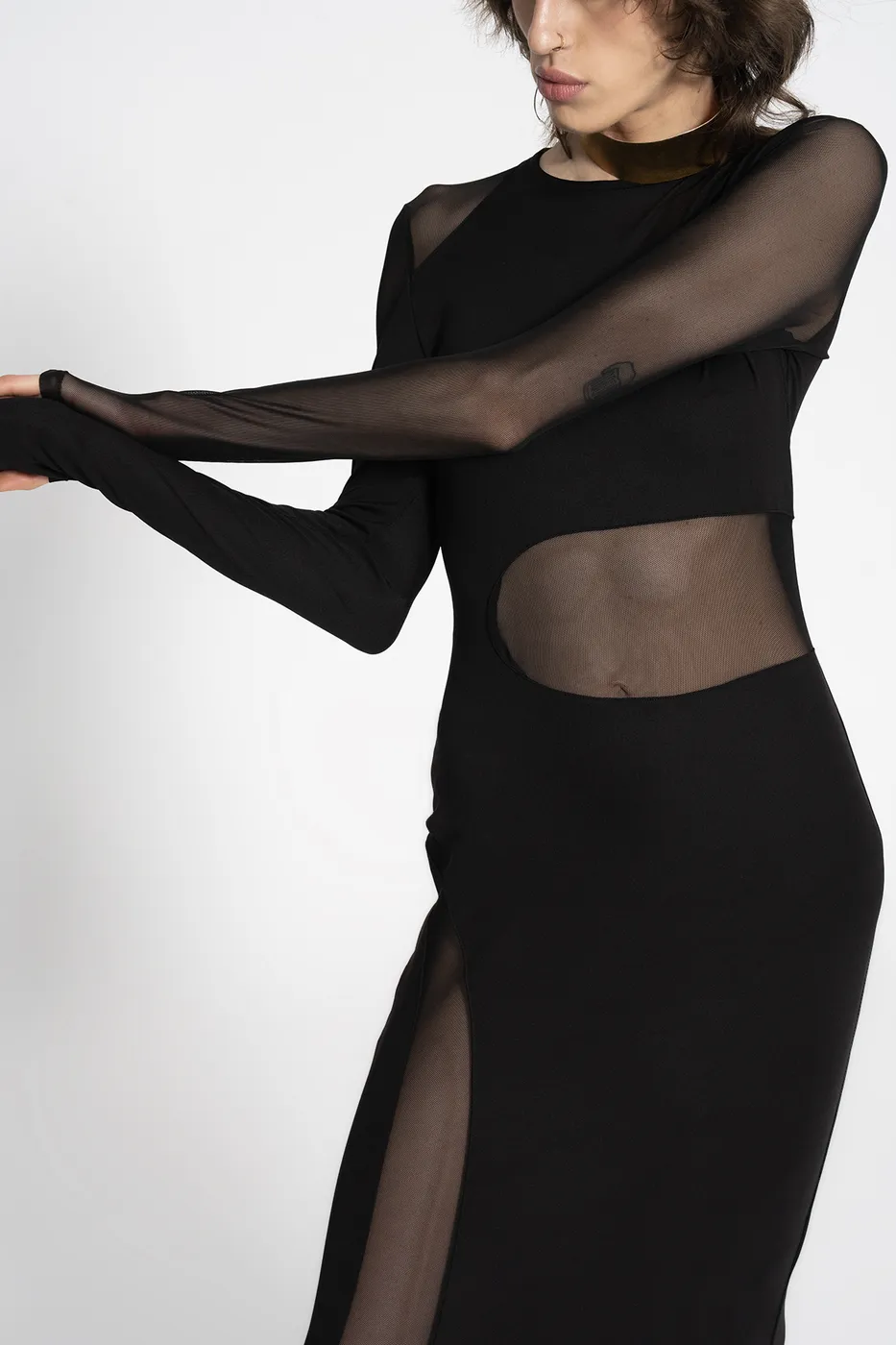 Bayan Siyah Transparan Detaylı Maksi Elbise