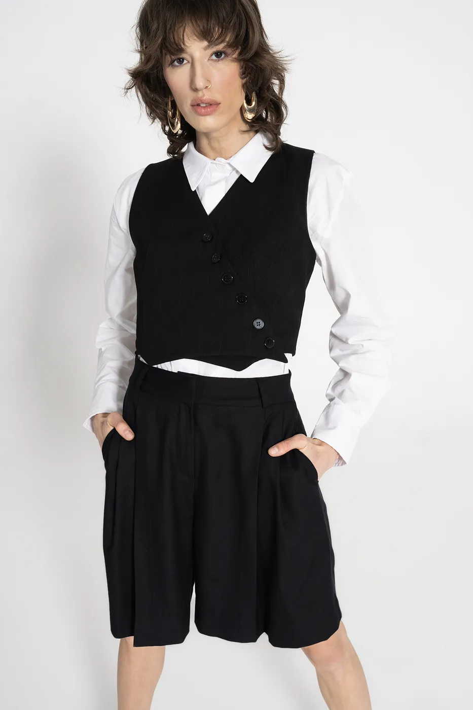 Bayan Siyah Yüksek Bel Bermuda Şort