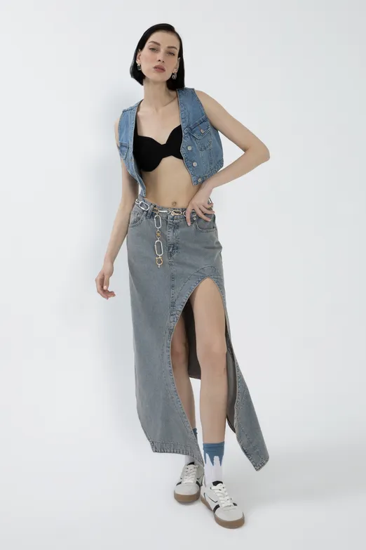 Bayan Mavi Derin Asimetrik Yırtmaçlı Denim Midi Etek - BSL