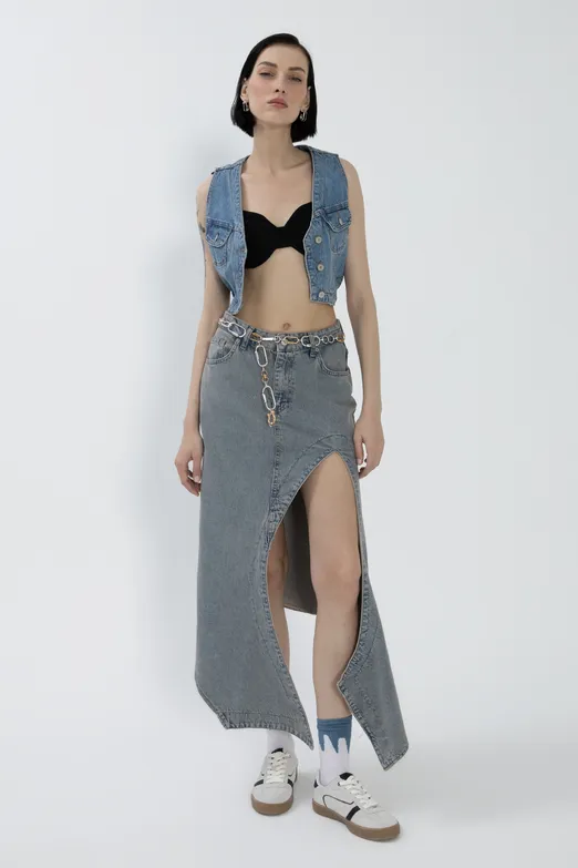 Bayan Mavi Derin Asimetrik Yırtmaçlı Denim Midi Etek - BSL