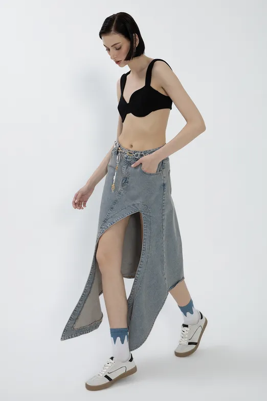 Bayan Mavi Derin Asimetrik Yırtmaçlı Denim Midi Etek - BSL