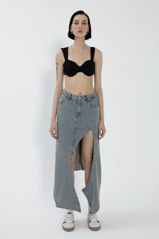 Bayan Mavi Derin Asimetrik Yırtmaçlı Denim Midi Etek - BSL