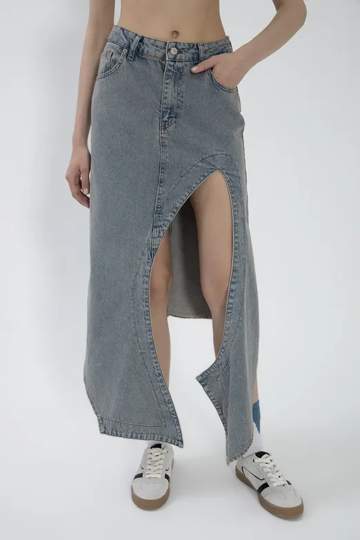 Bayan Mavi Derin Asimetrik Yırtmaçlı Denim Midi Etek - BSL
