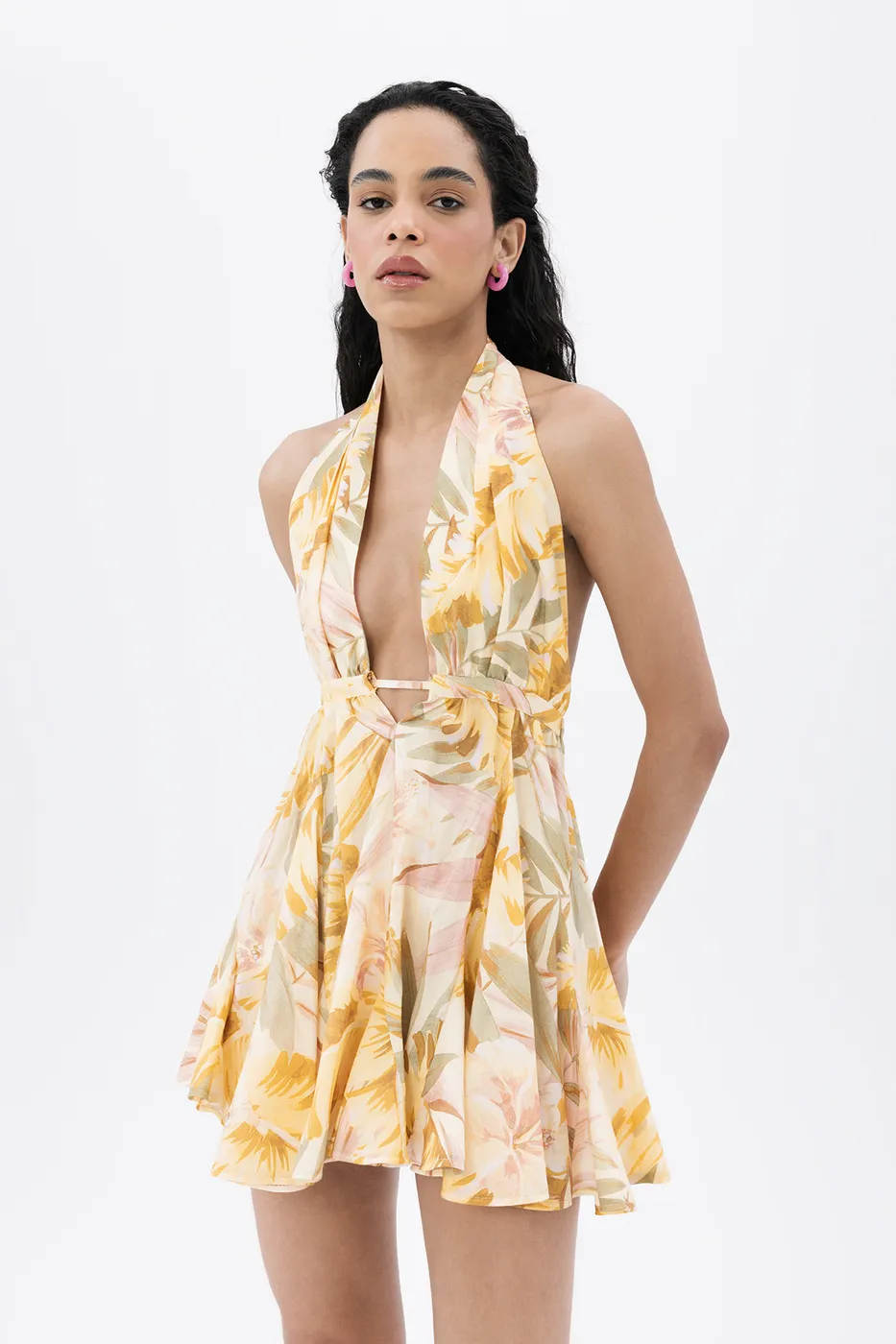 Bayan Sarı Volanlı Etek Detaylı  Mini  Elbise