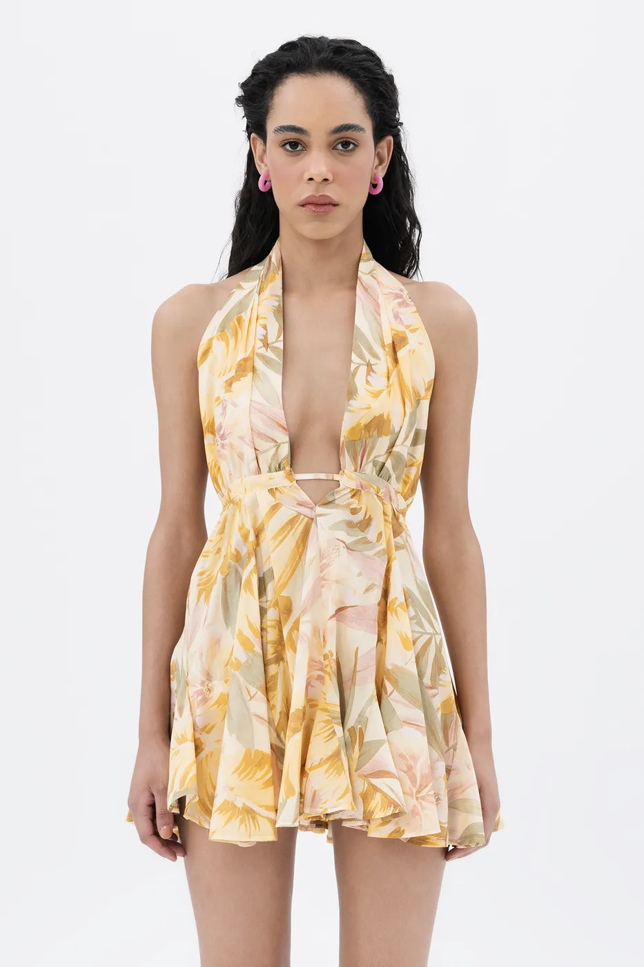 Bayan Sarı Volanlı Etek Detaylı  Mini  Elbise