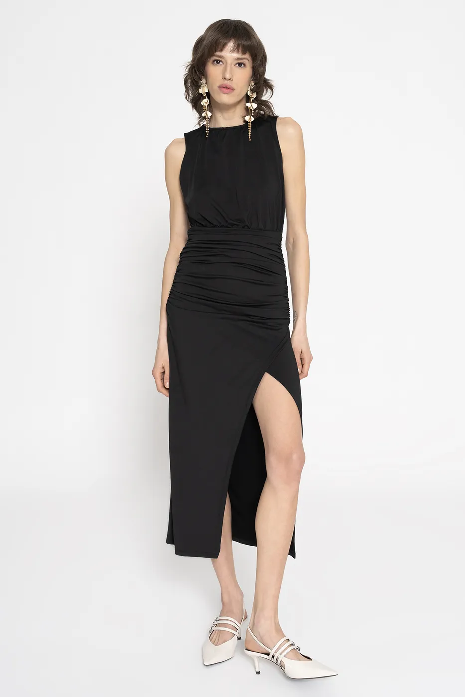 Bayan Siyah Drapeli Kolsuz Midi Boy Elbise