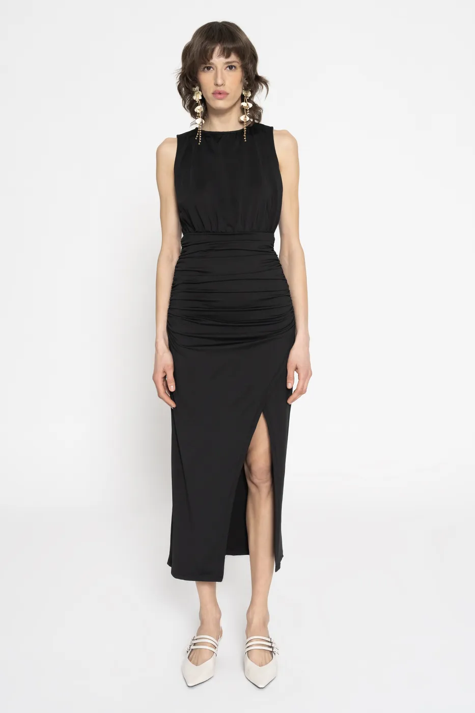 Bayan Siyah Drapeli Kolsuz Midi Boy Elbise