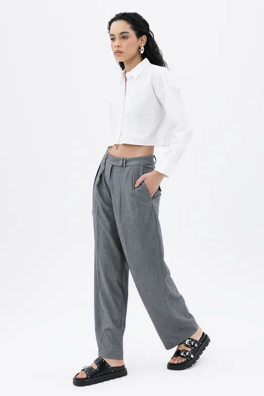 Bayan Gri Pileli Bol Pantolon - BSL