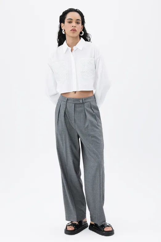 Bayan Gri Pileli Bol Pantolon - BSL