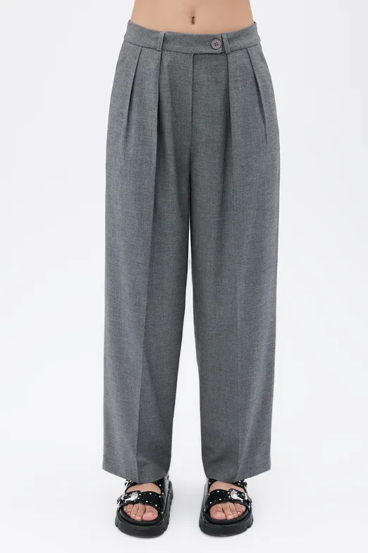 Bayan Gri Pileli Bol Pantolon - BSL