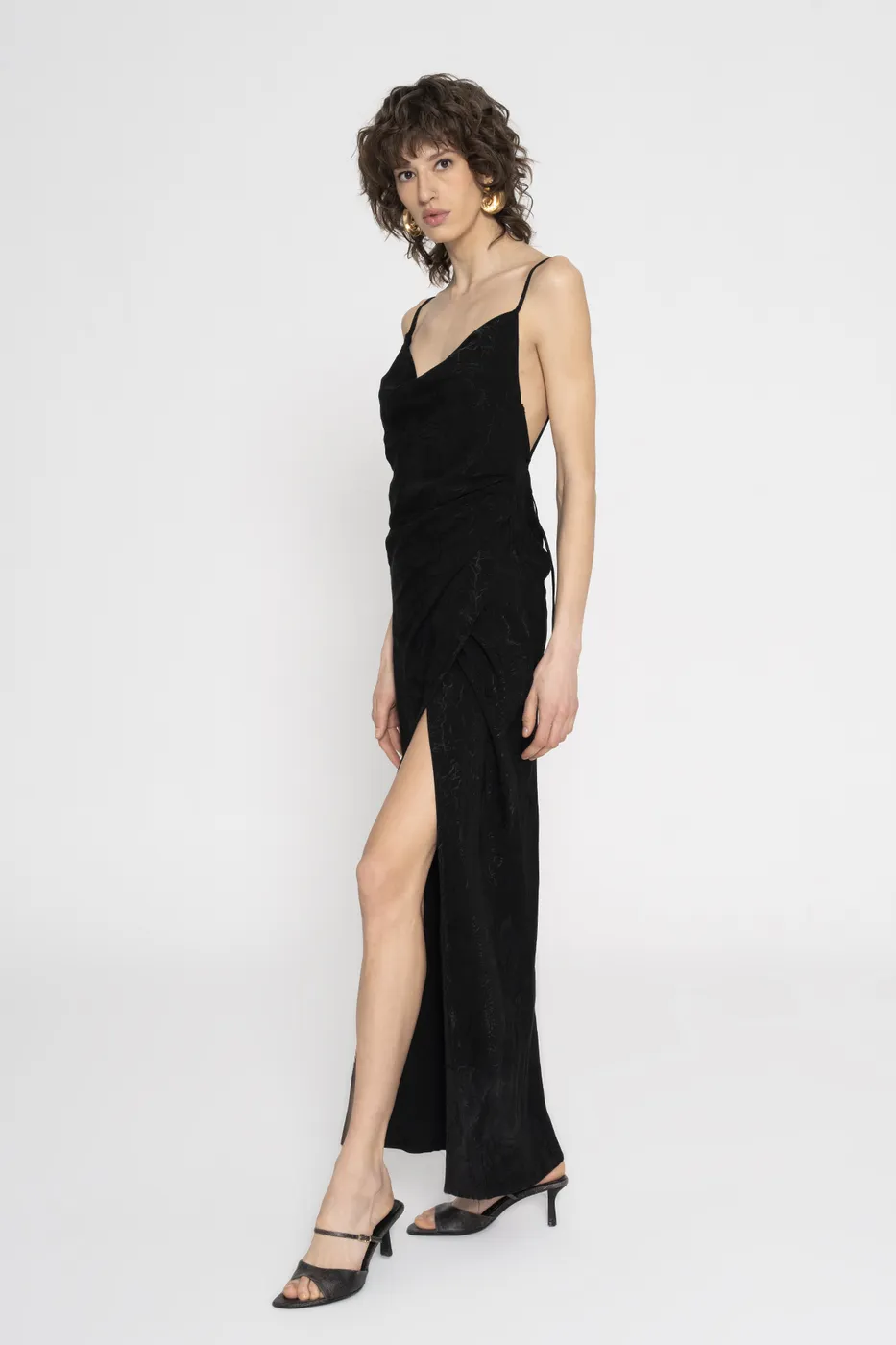 Bayan Siyah Degaje Yaka Saten Midi elbise