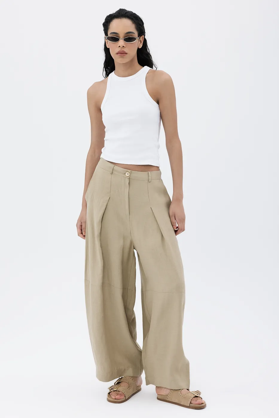 Bayan Yeşil Pileli Keten Karışım  Balon  Pantolon