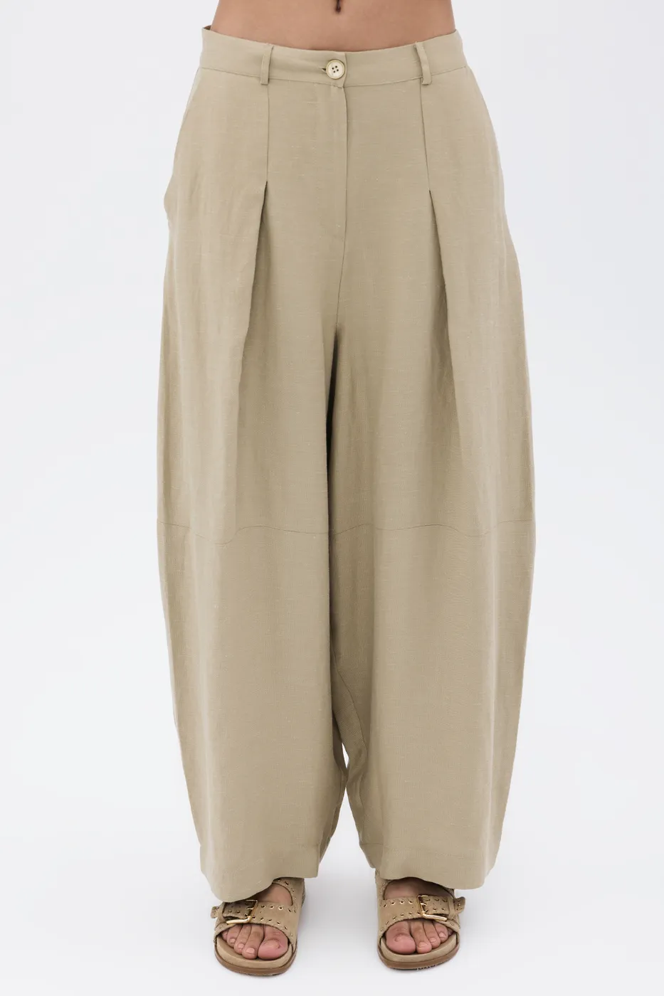 Bayan Yeşil Pileli Keten Karışım  Balon  Pantolon