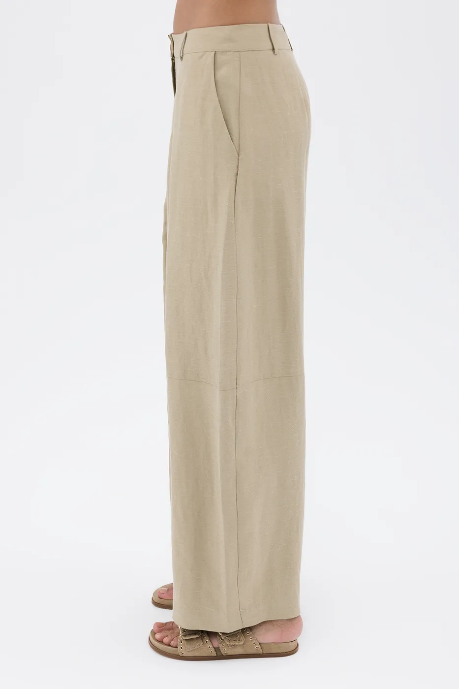 Bayan Yeşil Pileli Keten Karışım  Balon  Pantolon