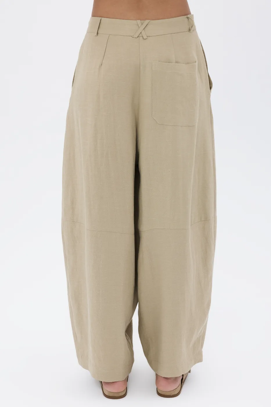 Bayan Yeşil Pileli Keten Karışım  Balon  Pantolon